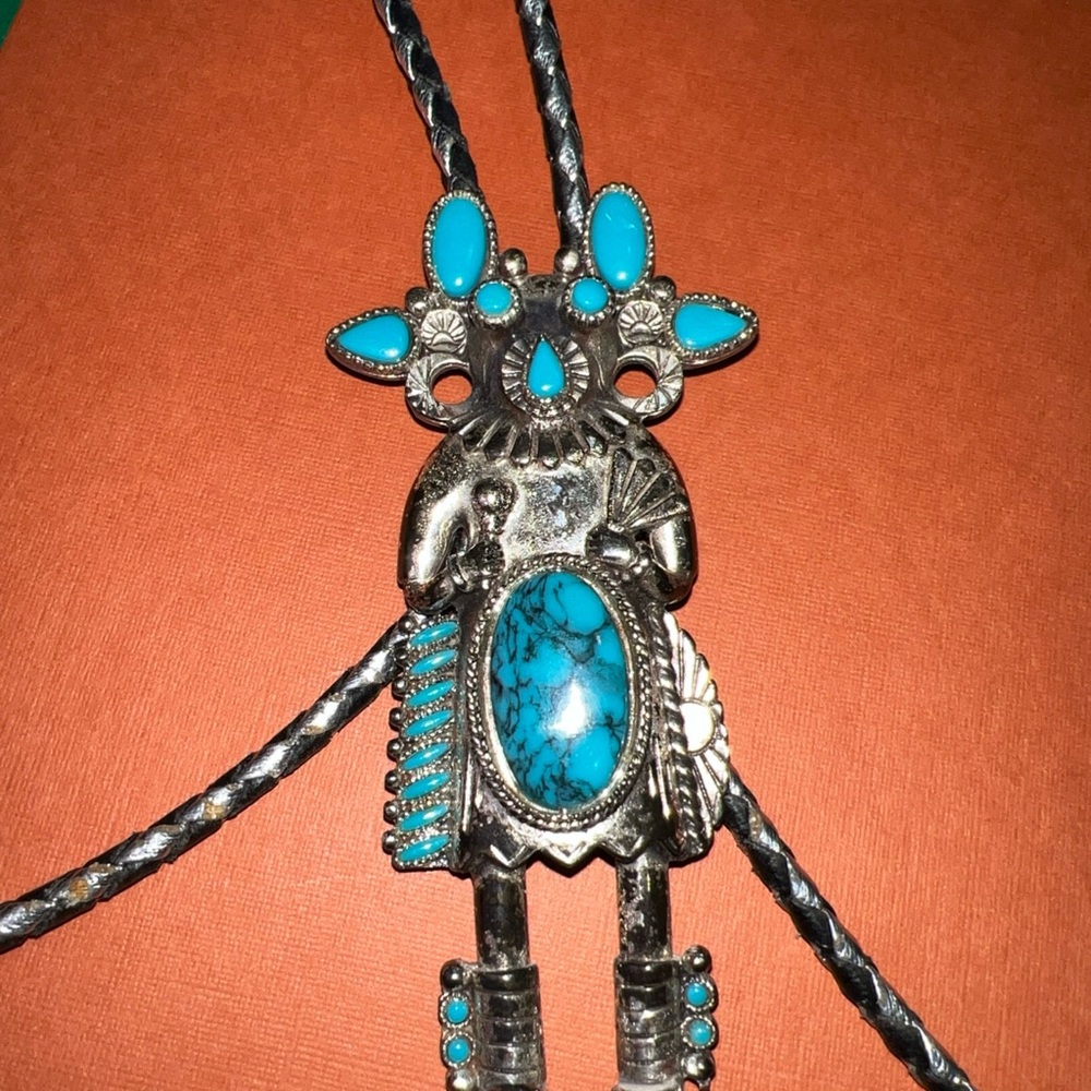 Vintage kachina Turquoise & Silver tone black braid Bolo Tie Necklace